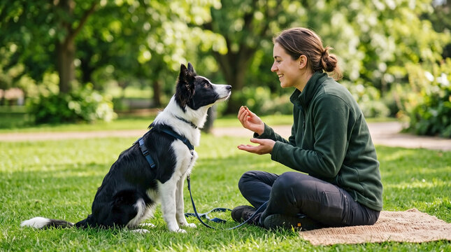 Young Woman Training Border Collie Dog in Public Park for Pet Care Blogs, Veterinary Education Websites, Animal Obedience Content, and Social Media