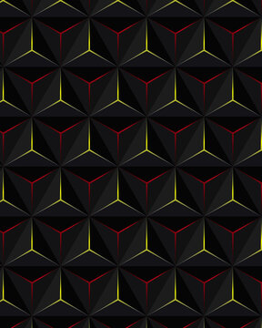 Geometric black pyramid pattern with neon yellow and red accents. Abstract 3D triangle texture background for gaming and tech.