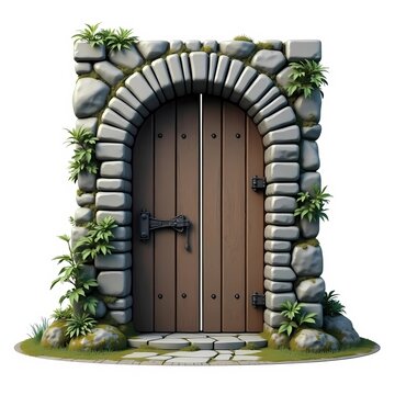 Medieval Wooden Door in Stone Arch Frame Isolated