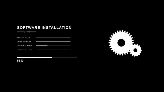 Digital Software Installation Progress Bar with Rotating Gear Animation.