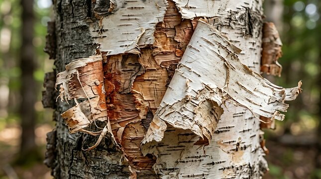 Close up of white birch tree bark peeling away to reveal the textured orange and brown inner wood layers in forest