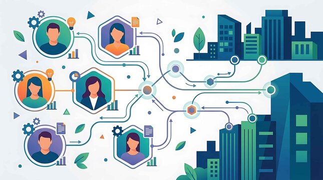 Abstract network connecting diverse people, business growth, and city development. Technology, collaboration, and innovation concept with human resources and modern cityscape.