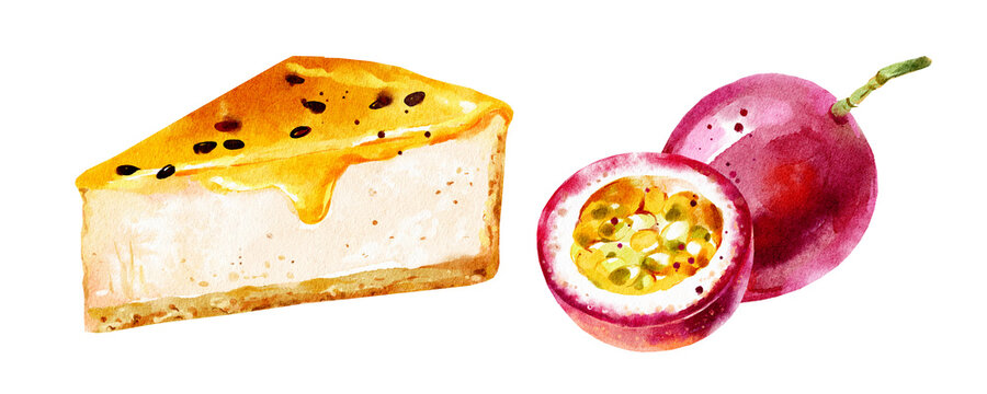 Watercolor cheesecake slice with golden caramel topping, homemade dessert with passion fruit. Cafe menu, bakery branding, recipe book, packaging concept. Painterd isolated illustration.