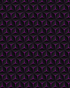 Futuristic geometric pattern with black 3D triangles, neon purple glowing edges, dark tech background for gaming and cyber aesthetics