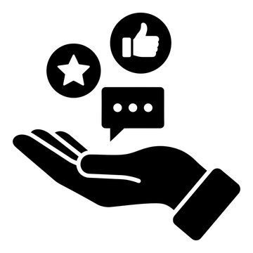 Hand with speech bubbles and thumbs up icon for feedback and rating