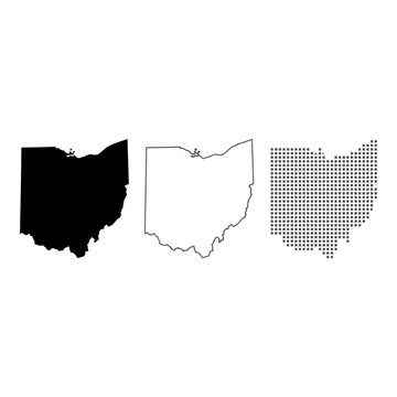 Ohio state map silhouettes in black, white, and plaid patterns on white background