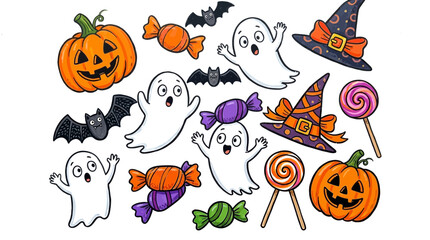 Fototapeta premium Halloween assortment including pumpkins ghosts bats and candy on white background