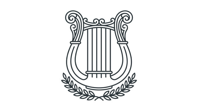 Line art illustration depicts a classical lyre with laurel wreath detail