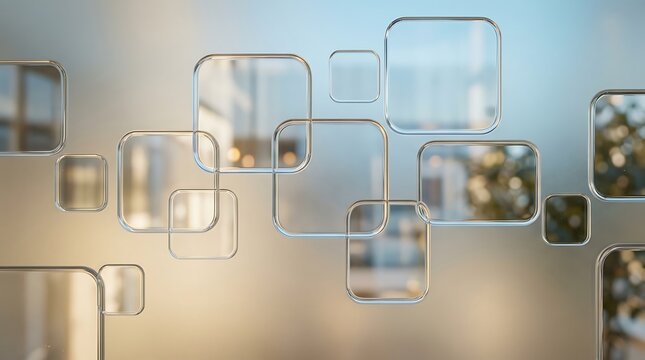 Floating transparent square frames with rounded corners arranged in a composition against a soft blurred background