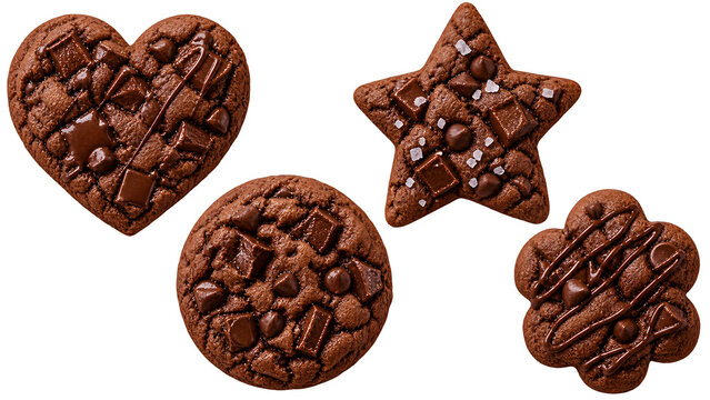 Different shapes of chocolate chip cookies isolated on transparent background 