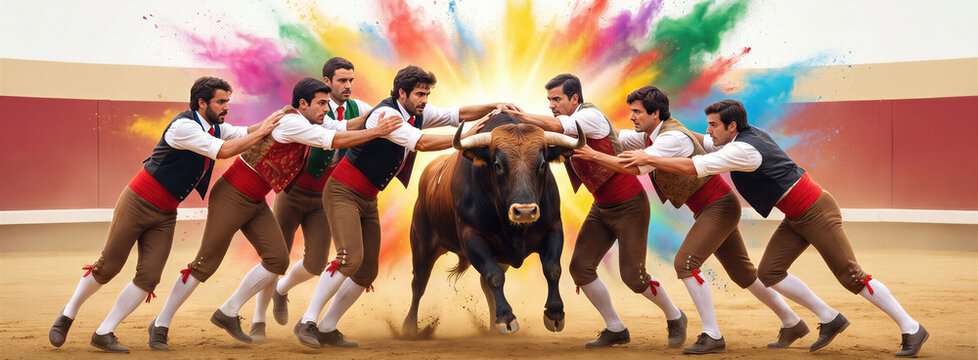 Group of forcado men facing a bull at the portuguese bullfight arena. Traditional performance with colorful powder explosion for celebration. Banner with copy space