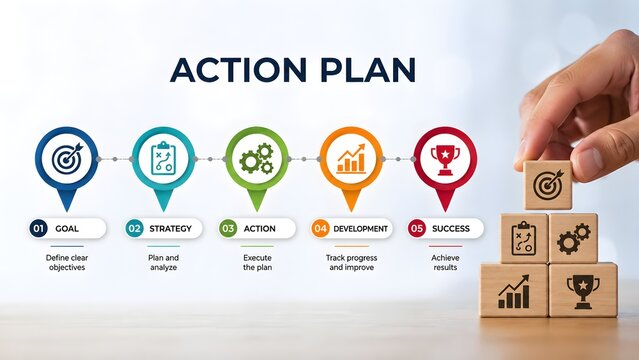 Business action plan process flow with businessman hand stacking strategy blocks to achieve success