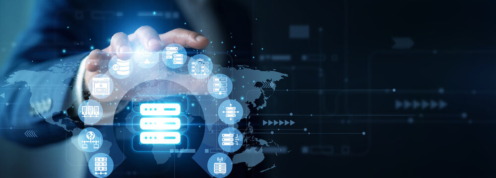 Cloud administrator holding structure graph of Hosting solutions. Corporate engineer analyzing server uptime statistics and digital data growth chart on hologram screen. Modern web business strategy.