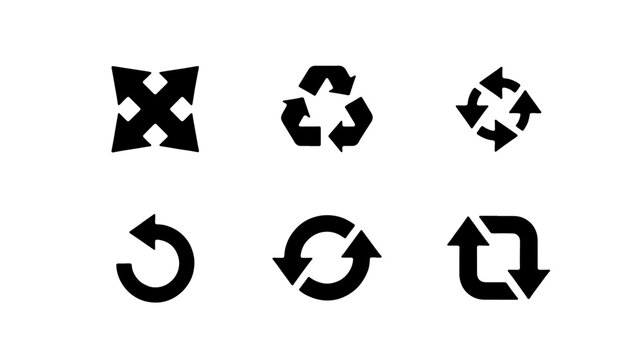 Recycle icons and refresh loop symbols in black are organized in a grid over a plain white background, offering essential graphics for eco-friendly UI designs.