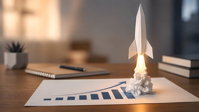 Paper rocket launching on a financial growth chart showing business success.