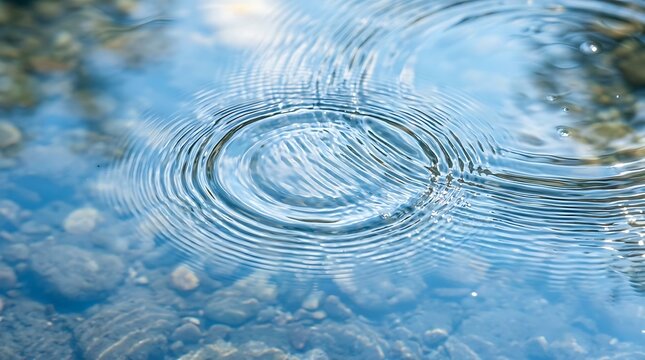 Multiple concentric circular ripples on a clear shallow river water surface with visible smooth stones at the bottom