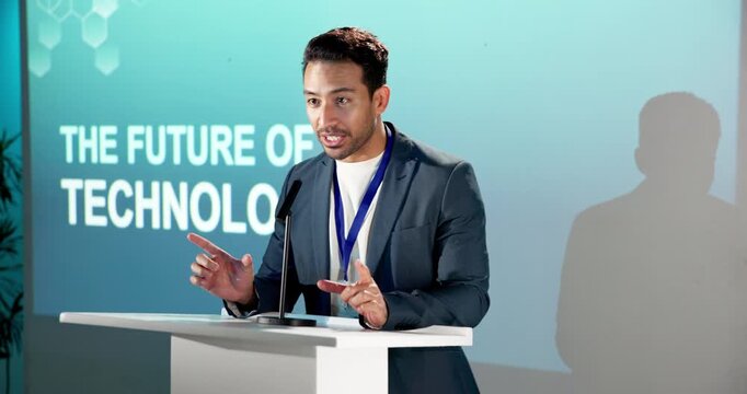 Businessman, presentation and talk in conference with projector, event or emerging technology speech. Happy, person and speaking in seminar with digital transformation, innovation and future of IT.
