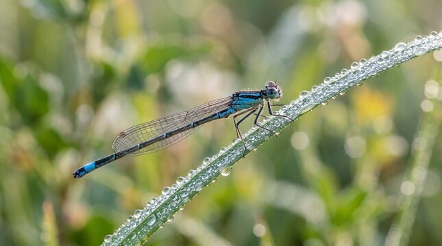 Blue damselfly resting on a dew covered blade of grass