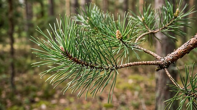 Pine tree branch with green needles and small buds, blurred forest background, close-up of coniferous tree foliage