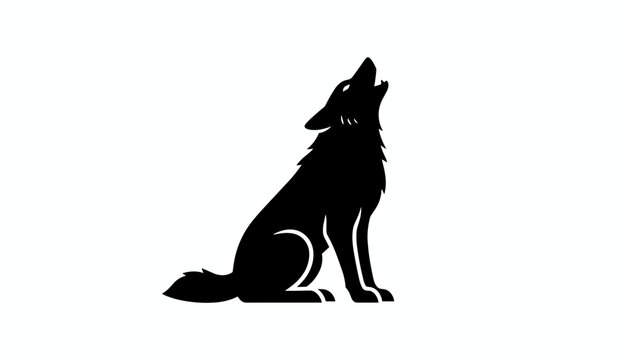 Solid black silhouette of a sitting wolf howling up towards the sky isolated on a pure white background.