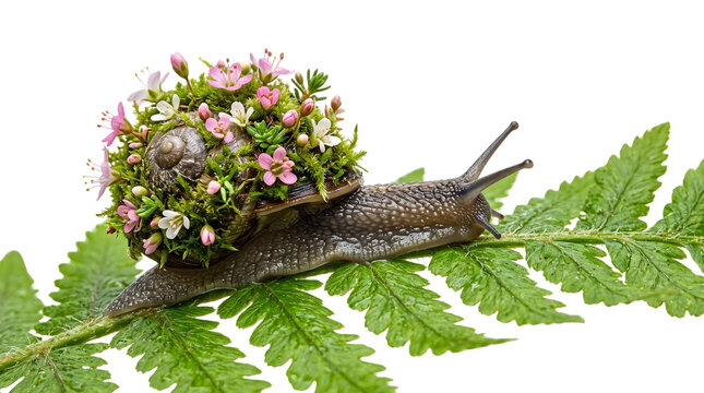 Enchanting garden snail with a vibrant floral shell, a whimsical nature concept. Beautiful spring blossom and green moss adorn a brown snail, crawling on a fresh fern leaf