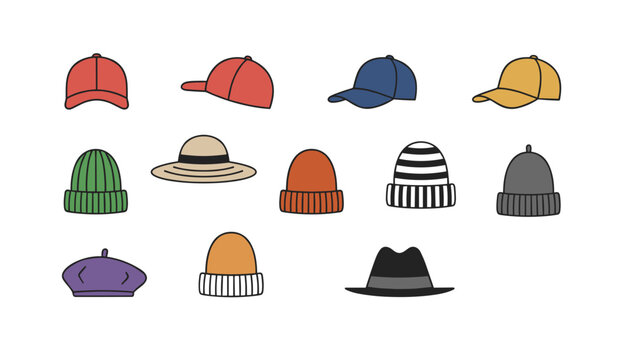 Group of colorful hand drawn hats including baseball caps, beanies, a fedora, a beret, and a straw sun hat.