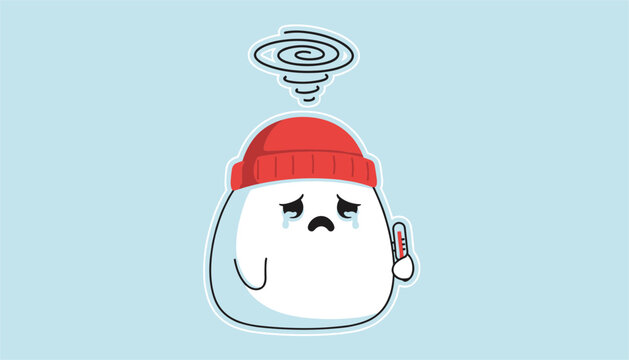 Cute sick character wearing a red beanie and holding a thermometer while crying with a dizzy swirl above its head.