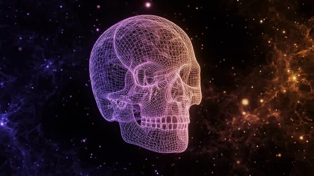 3D Wireframe Cranium Turning in Glowing Amethyst and Amber, Artificial Intelligence Skull Concept