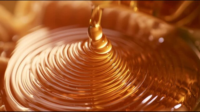 Honey flows smoothly onto a shiny surface forming circles as it settles. The process is simple and mesmerizing to watch over time.