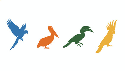 Naklejka premium Colorful tropical bird silhouettes set featuring a parrot, pelican, hornbill, and cockatoo on white background.