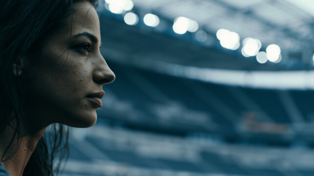 A side profile view of a woman with dark hair in a sports stadium. the woman is positioned on the right side of the frame, facing left. Ai generat