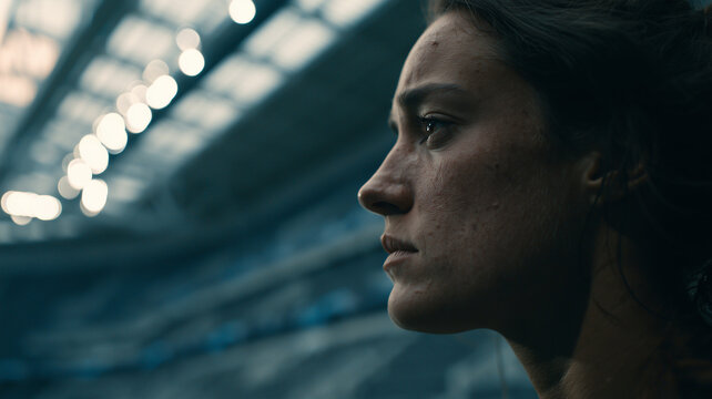 A side profile view of a woman with dark hair in a sports stadium. the woman is positioned on the right side of the frame, facing left. Ai generat