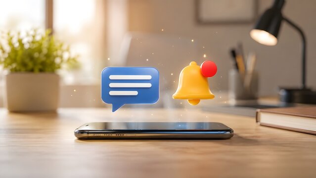 Smartphone displaying floating 3D chat bubble and notification bell icons on a bright wooden desk.