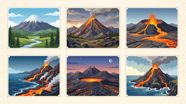 Volcano landscape illustrations set with erupting lava mountains