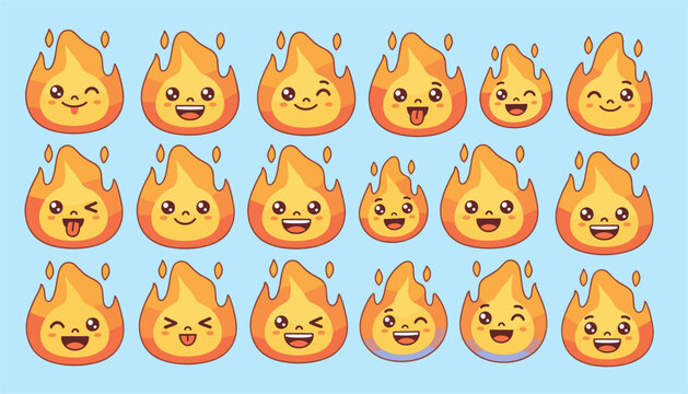 Colorful grid of cute cartoon fire character sprites with eighteen different facial expressions, isolated on light blue.