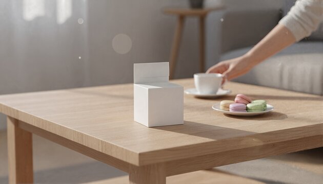 Charming white retail display box on a coffee table next to colorful macarons and a warm tea service