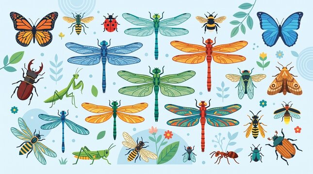 Colorful Insect Collection Flat Design Illustration