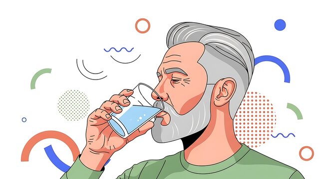 Senior Man Drinking Water - Premium Neo-Modernist Flat Vector Illustration