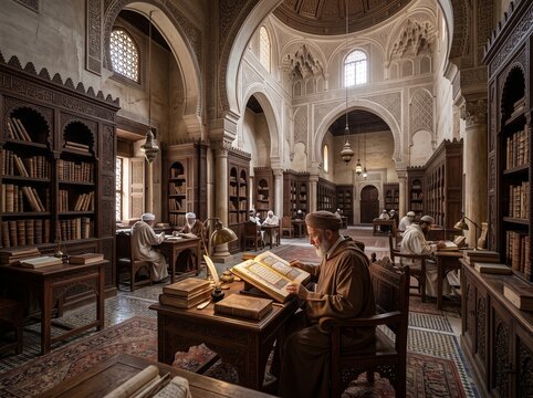 Islamic scholars studying ancient books in a historical library
