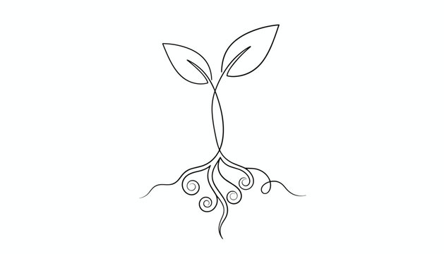 Minimalist continuous one line drawing of a young plant sprout growing with curly swirling roots on a white background.