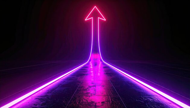 Neon pink arrow rising from perspective road.