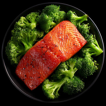 Grilled salmon on broccoli in black bowl isolated on black background, concept of healthy fitness cuisine