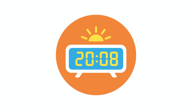 Digital alarm clock showing early morning time with a rising sun icon inside an orange circular badge.
