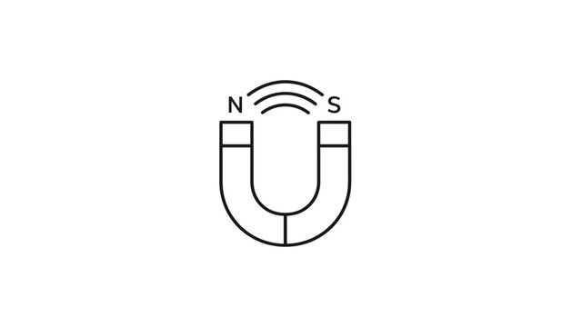 Minimalist black line icon representing a horseshoe magnet with north and south poles and magnetic field lines.