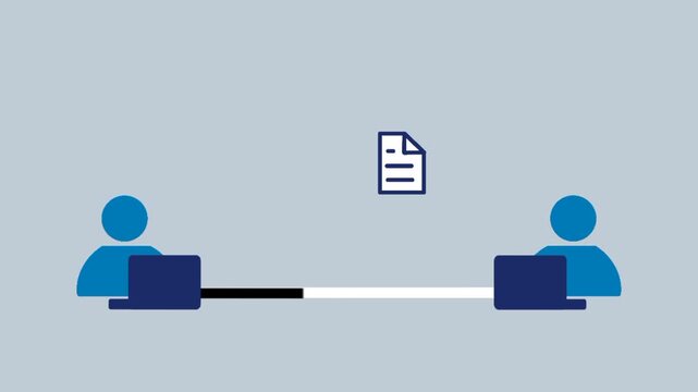 Animated file sharing concept with document moving between computers. Symbol of digital transfer, connection, and online communication.