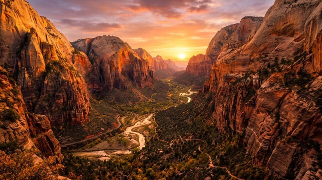 Sunset over Zion National Park canyon with winding river