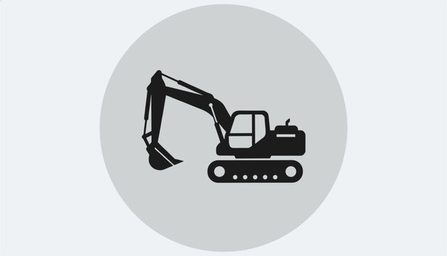 Black silhouette of a heavy duty construction excavator on a grey circular background, representing industrial builder.