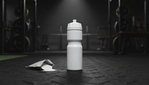 Cinematic white gym bottle in a dark industrial fitness studio