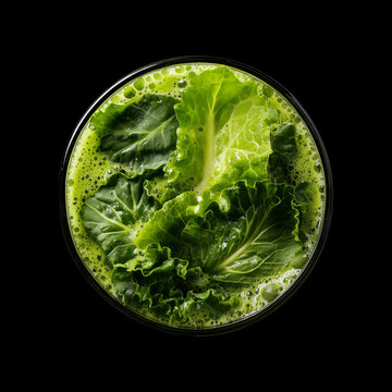 Vibrant green vegetable smoothie in a clear glass with fresh lettuce garnish, isolated on black background, concept of detox