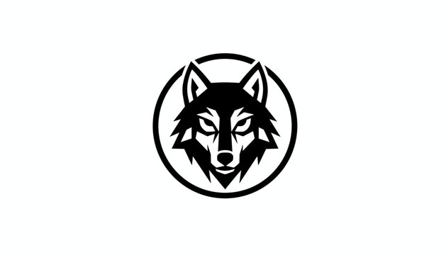 Powerful black wolf head logo design inside a circular frame, perfect for sports mascots and branding.